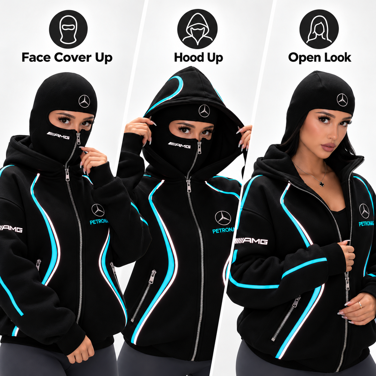 ⚡ Full Zip Techwear Hoodie with Built-In Face Cover – Oversized Hooded Streetwear Jacket with High-Contrast Racing Trim, Zipper Pockets & Full Face Zip Design for Casual Outdoor Wear 🏁🔥