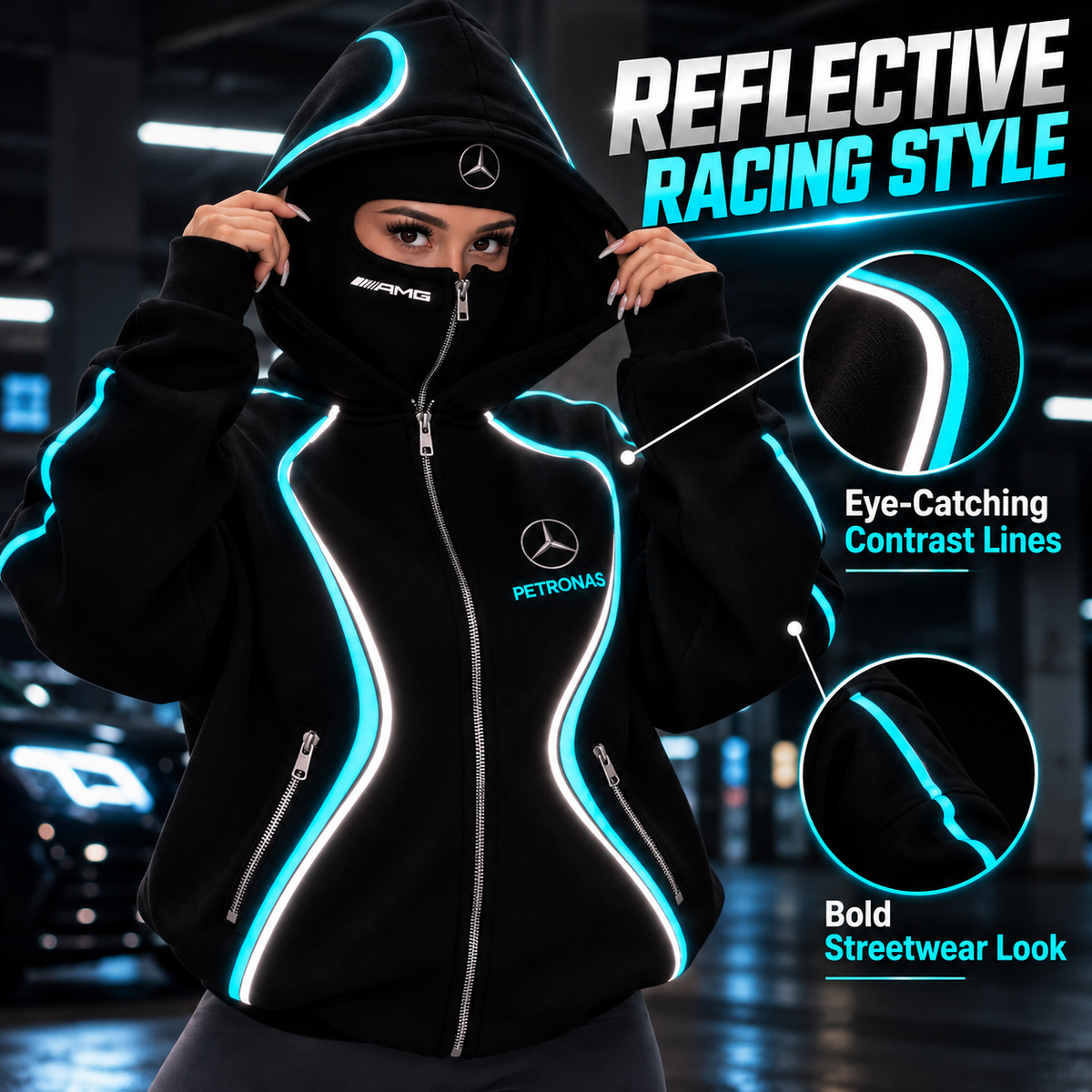 ⚡ Full Zip Techwear Hoodie with Built-In Face Cover – Oversized Hooded Streetwear Jacket with High-Contrast Racing Trim, Zipper Pockets & Full Face Zip Design for Casual Outdoor Wear 🏁🔥