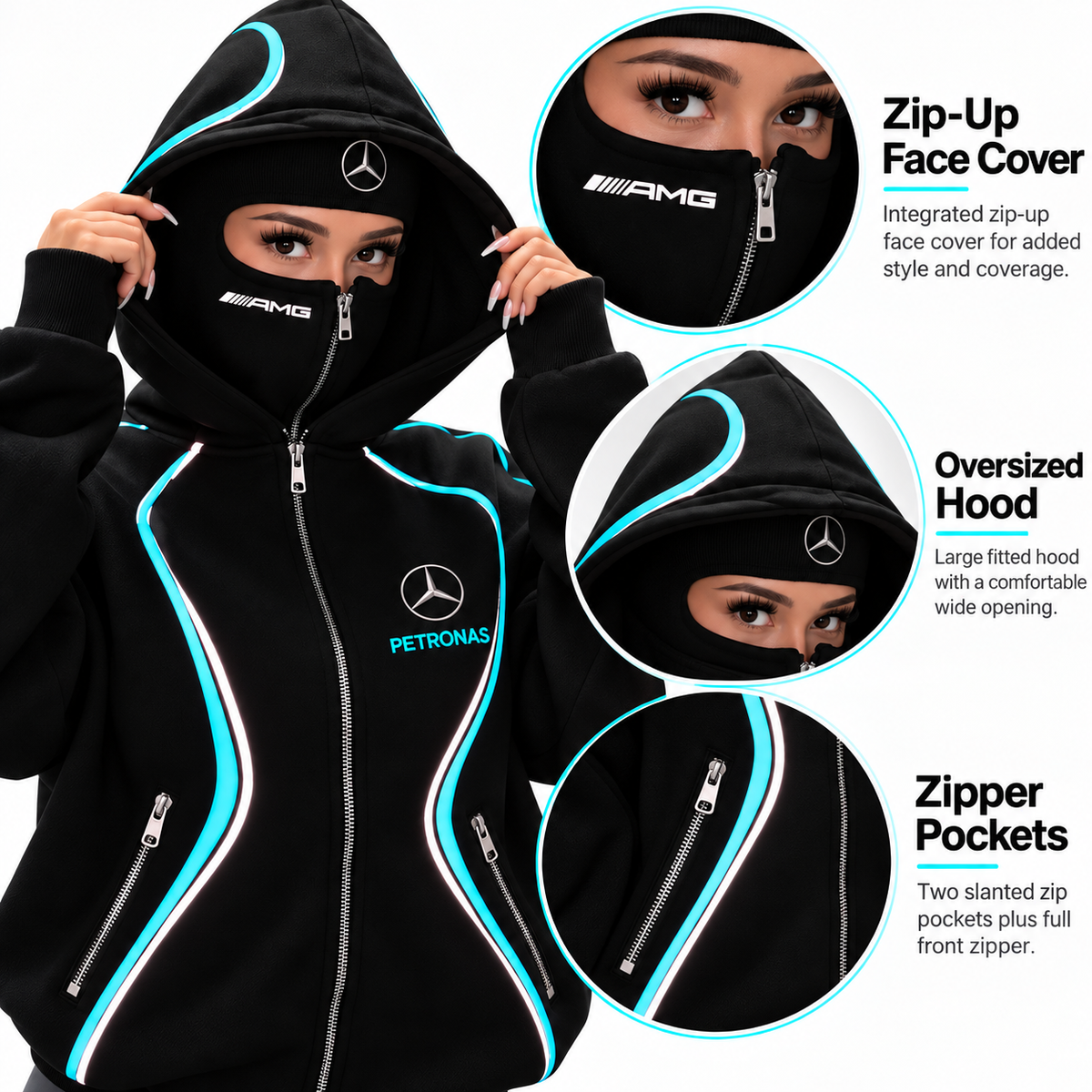 ⚡ Full Zip Techwear Hoodie with Built-In Face Cover – Oversized Hooded Streetwear Jacket with High-Contrast Racing Trim, Zipper Pockets & Full Face Zip Design for Casual Outdoor Wear 🏁🔥