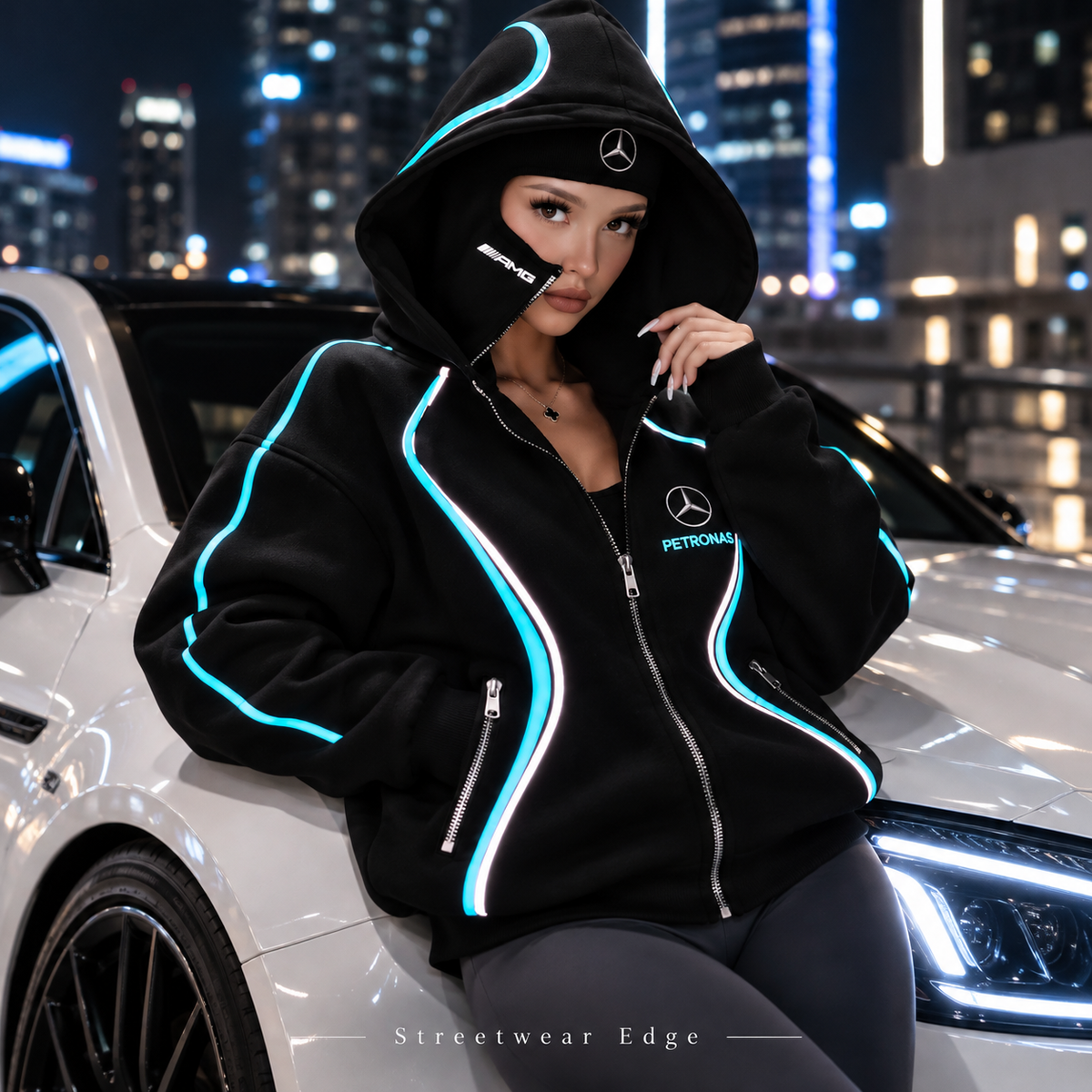 ⚡ Full Zip Techwear Hoodie with Built-In Face Cover – Oversized Hooded Streetwear Jacket with High-Contrast Racing Trim, Zipper Pockets & Full Face Zip Design for Casual Outdoor Wear 🏁🔥