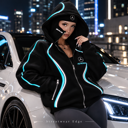 ⚡ Full Zip Techwear Hoodie with Built-In Face Cover – Oversized Hooded Streetwear Jacket with High-Contrast Racing Trim, Zipper Pockets & Full Face Zip Design for Casual Outdoor Wear 🏁🔥