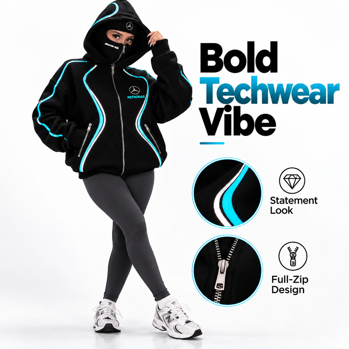 ⚡ Full Zip Techwear Hoodie with Built-In Face Cover – Oversized Hooded Streetwear Jacket with High-Contrast Racing Trim, Zipper Pockets & Full Face Zip Design for Casual Outdoor Wear 🏁🔥
