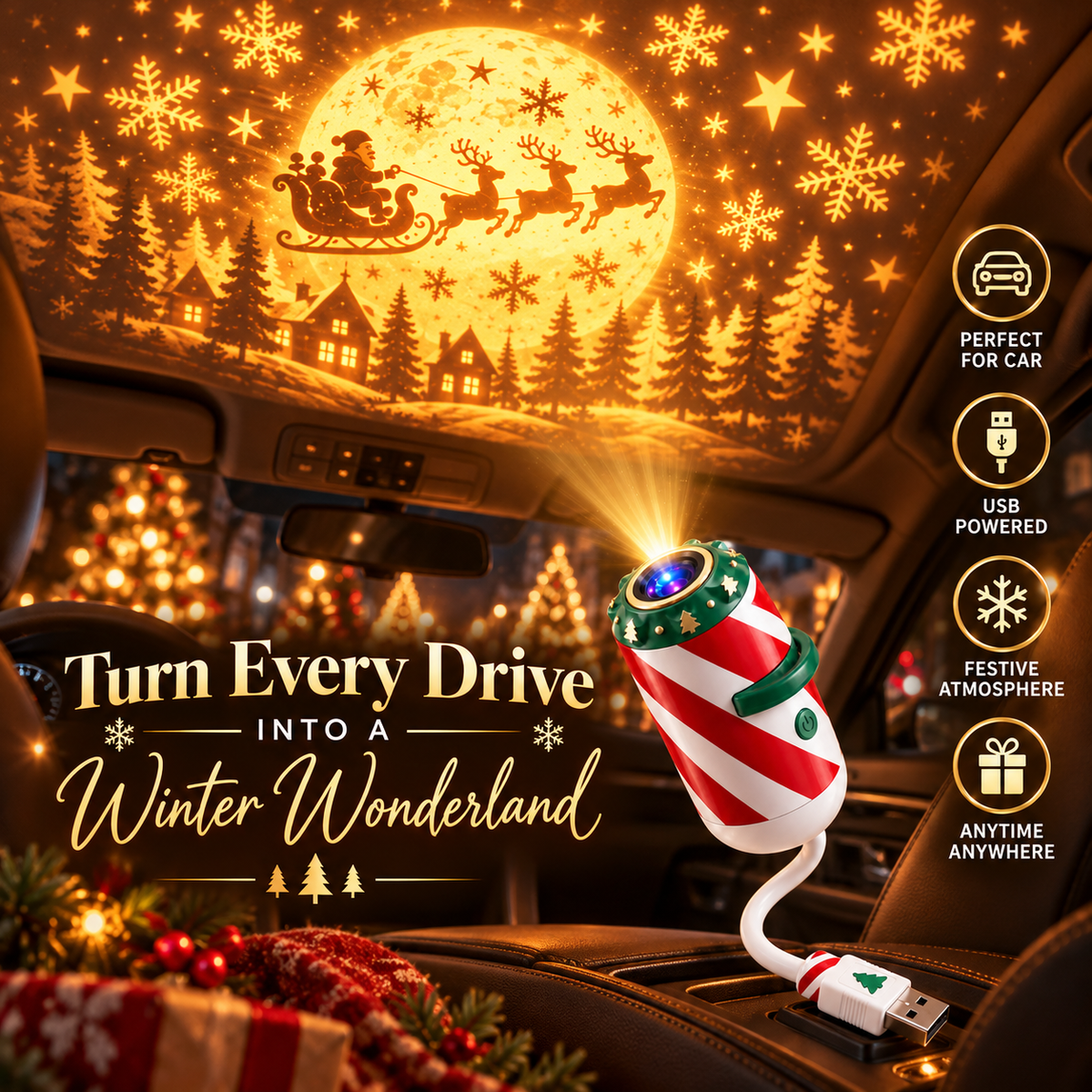 🎄 Christmas Car Window Projector – USB Holiday Projection Light ✨