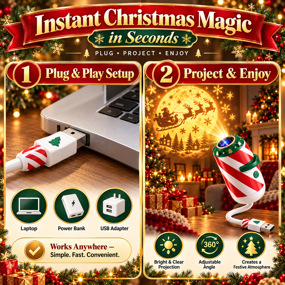 🎄 Christmas Car Window Projector – USB Holiday Projection Light ✨