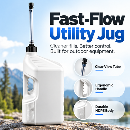 ⛽ 2.5 Gallon Fast-Flow Utility Jug – Clear Long-Reach Spout, Easy-Grip Handle & Controlled Pouring for Outdoor Equipment