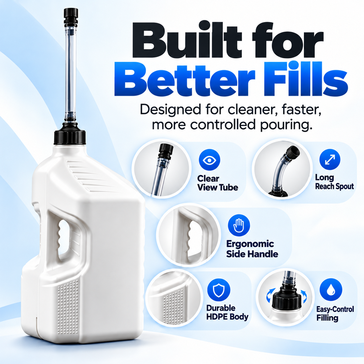 ⛽ 2.5 Gallon Fast-Flow Utility Jug – Clear Long-Reach Spout, Easy-Grip Handle & Controlled Pouring for Outdoor Equipment