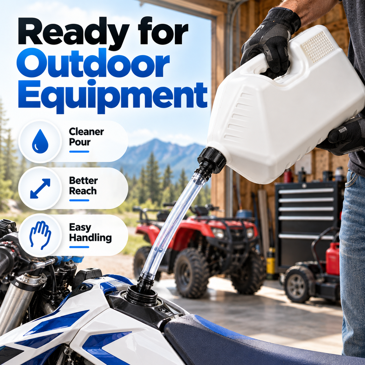 ⛽ 2.5 Gallon Fast-Flow Utility Jug – Clear Long-Reach Spout, Easy-Grip Handle & Controlled Pouring for Outdoor Equipment