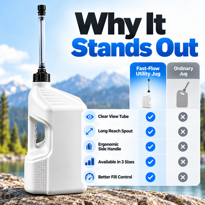 ⛽ 2.5 Gallon Fast-Flow Utility Jug – Clear Long-Reach Spout, Easy-Grip Handle & Controlled Pouring for Outdoor Equipment