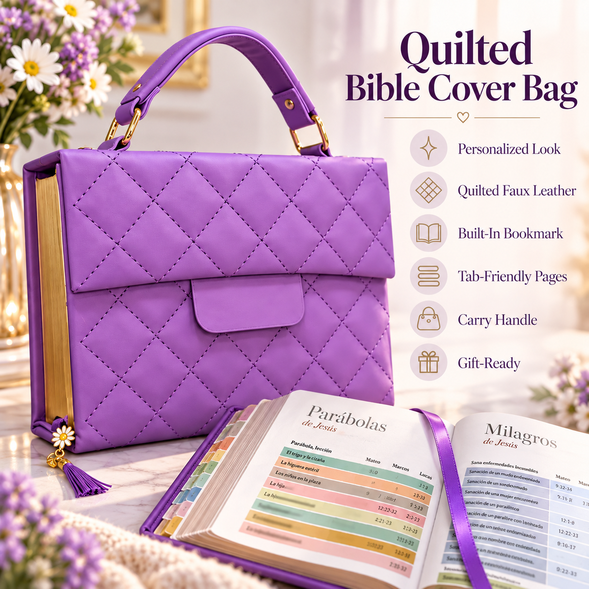 💜 50% OFF ✨ Elegant Quilted Bible Cover with Handle – Beautiful Bible Protector & Faith-Inspired Gift