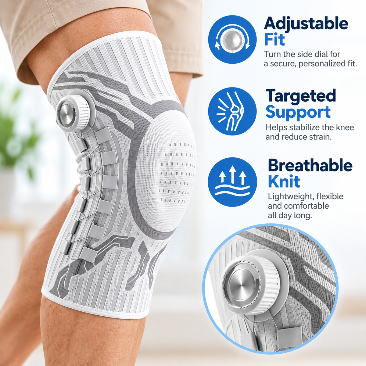 🦵 Adjustable Knee Support Brace with Dial Fit for Walking & Stairs