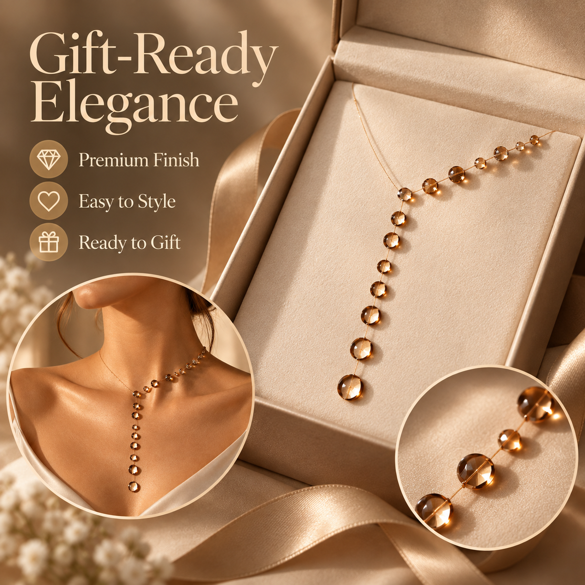 ✨ Floating Droplet Y-Necklace with Elegant Asymmetrical Crystal Bead Design