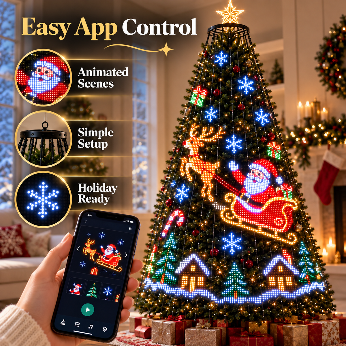 🎄 App-Controlled Christmas Tree LED Light Display with Animated Holiday Scenes