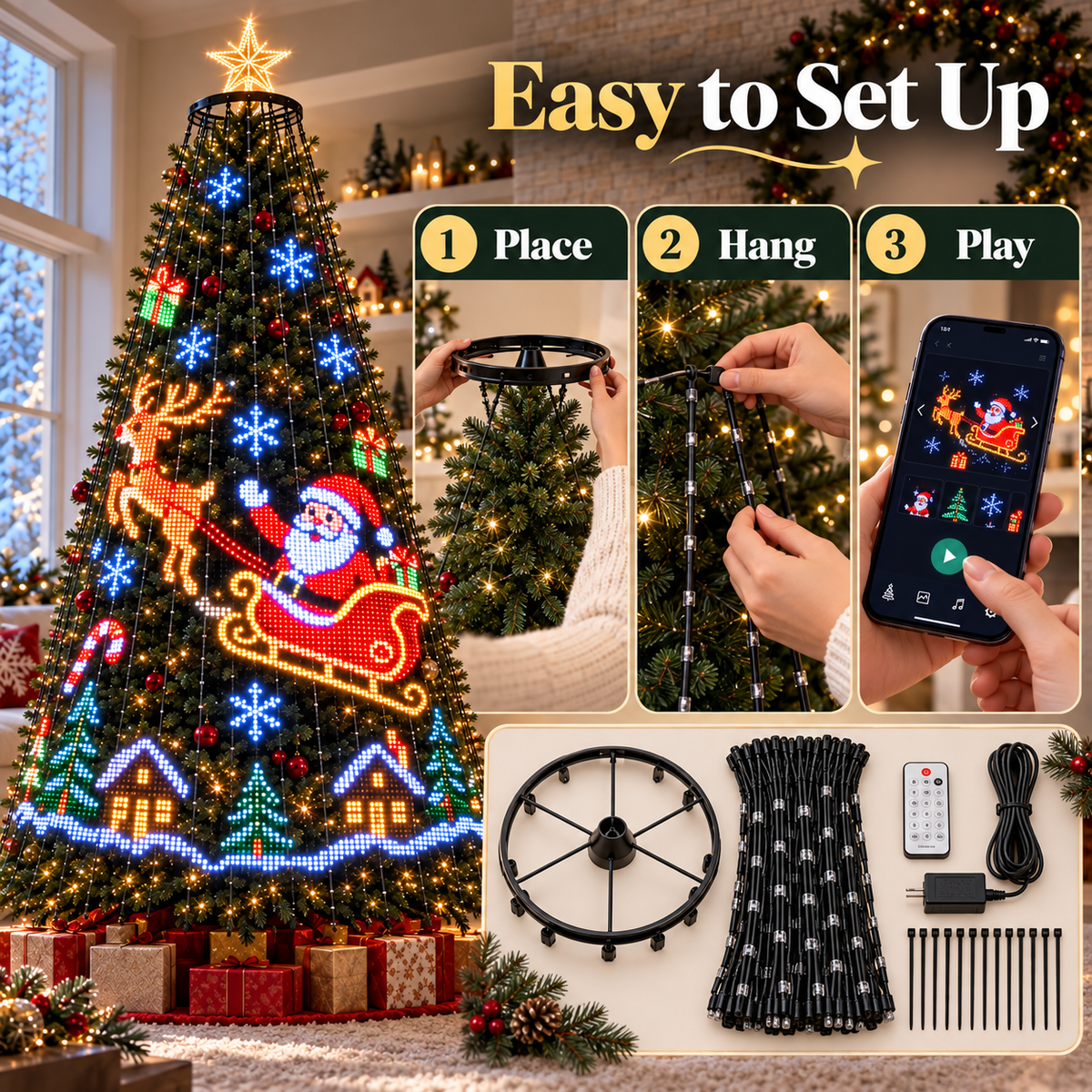 🎄 App-Controlled Christmas Tree LED Light Display with Animated Holiday Scenes