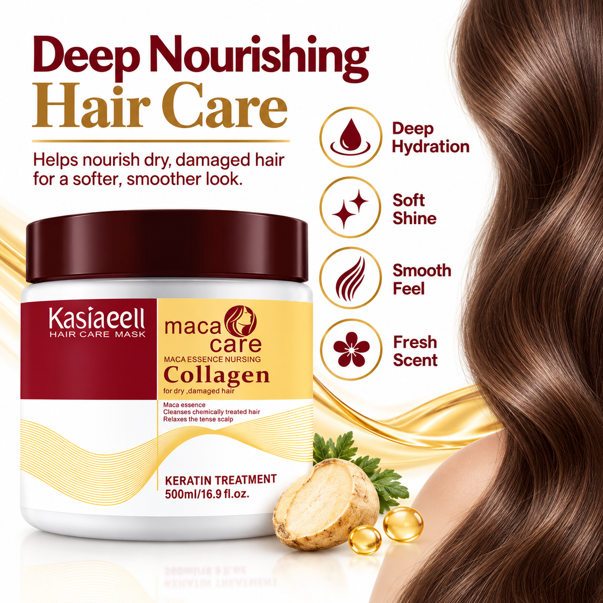 ✨ Collagen Hair Mask with Maca Essence, 500ml / 16.9 fl oz – Deep Conditioning Keratin Treatment for Dry, Damaged & Chemically Treated Hair, Moisturizing Hair Care Mask 💛