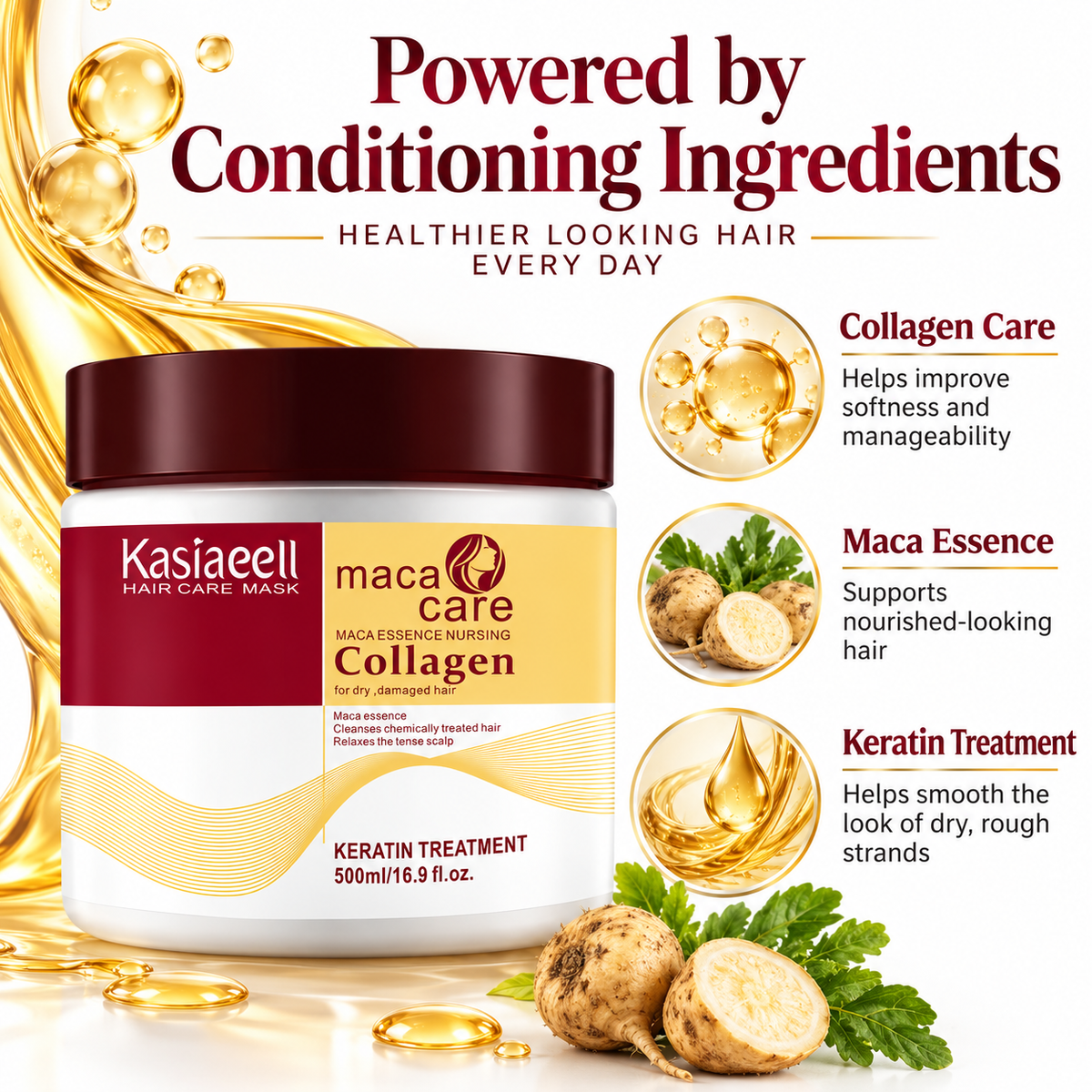 ✨ Collagen Hair Mask with Maca Essence, 500ml / 16.9 fl oz – Deep Conditioning Keratin Treatment for Dry, Damaged & Chemically Treated Hair, Moisturizing Hair Care Mask 💛