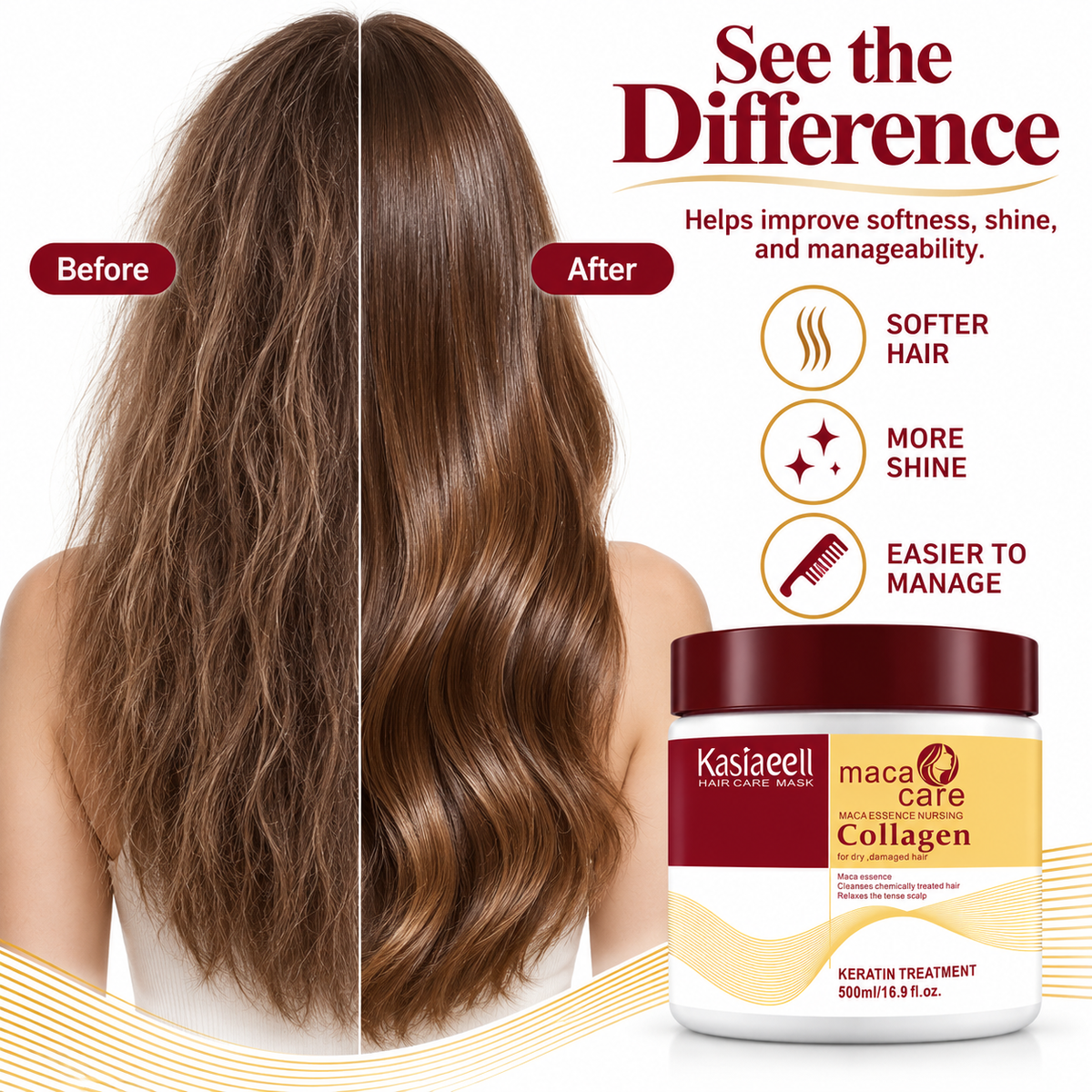 ✨ Collagen Hair Mask with Maca Essence, 500ml / 16.9 fl oz – Deep Conditioning Keratin Treatment for Dry, Damaged & Chemically Treated Hair, Moisturizing Hair Care Mask 💛