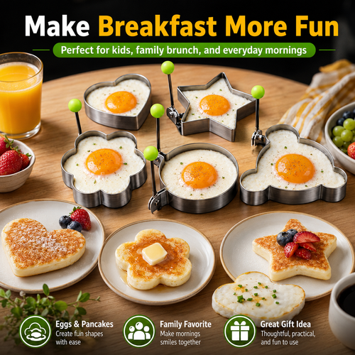 🍳 Stainless Steel Egg Rings & Pancake Molds – 5 Fun Shapes 🥞