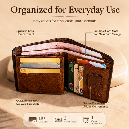 💳 Genuine Cowhide Leather Wallet with 11 Card Slots and Dual ID Windows