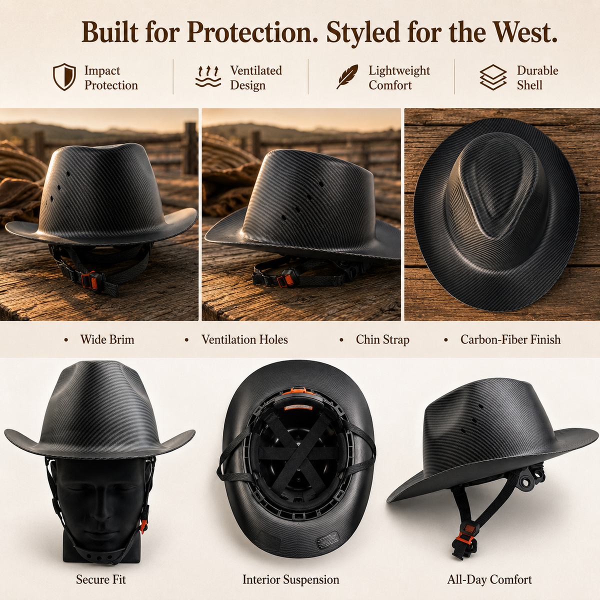 🤠 Ventilated Cowboy Safety Hat with Chin Strap for Yard Work & Home DIY