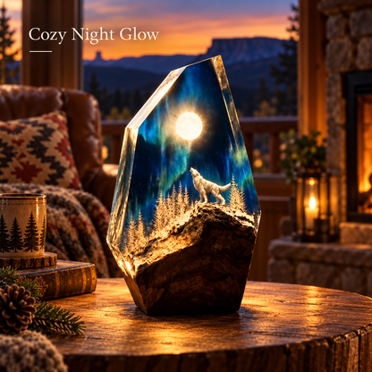 🌌 Handcrafted Resin Wood Table Lamp Night Light with Glowing Aurora Wolf Art