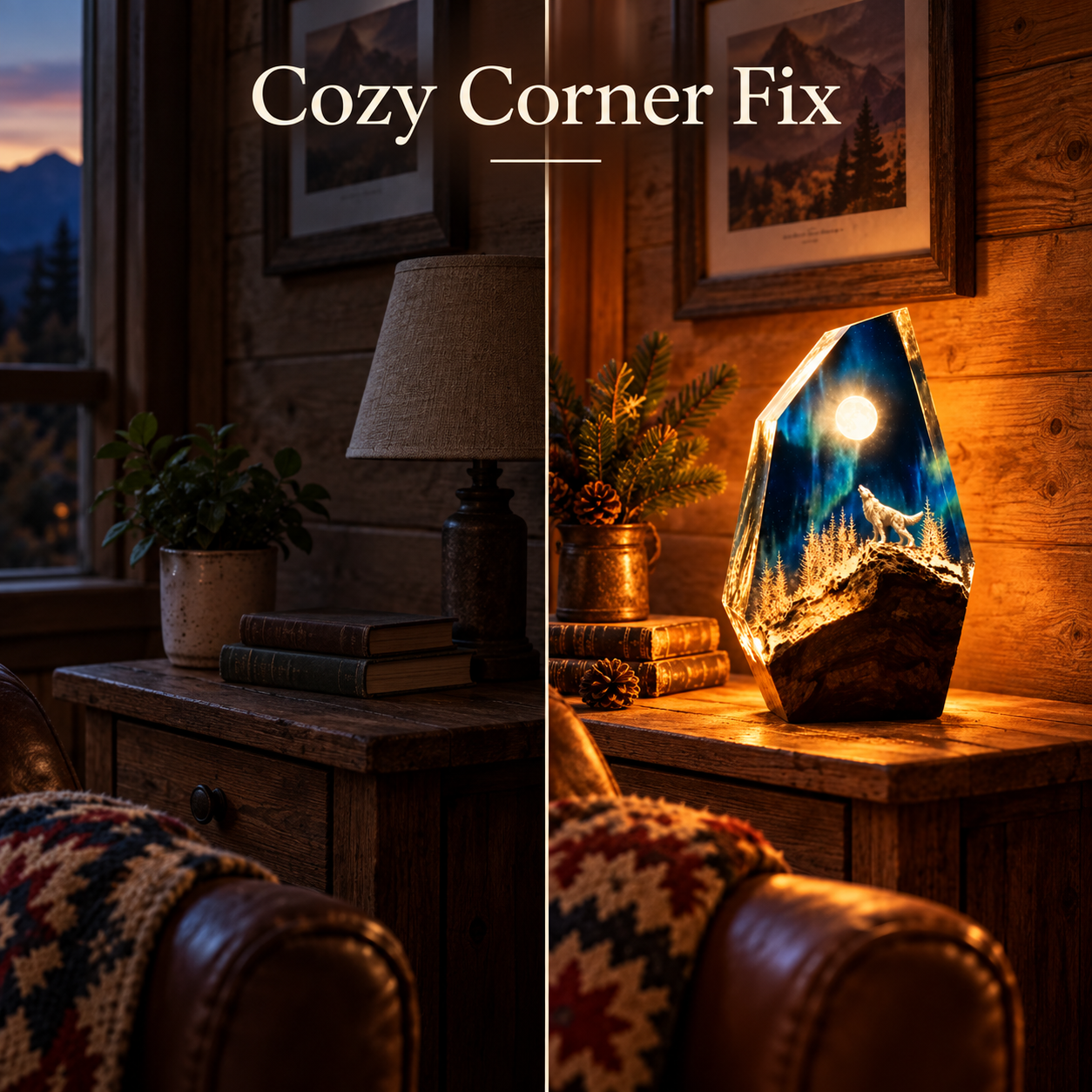 🌌 Handcrafted Resin Wood Table Lamp Night Light with Glowing Aurora Wolf Art