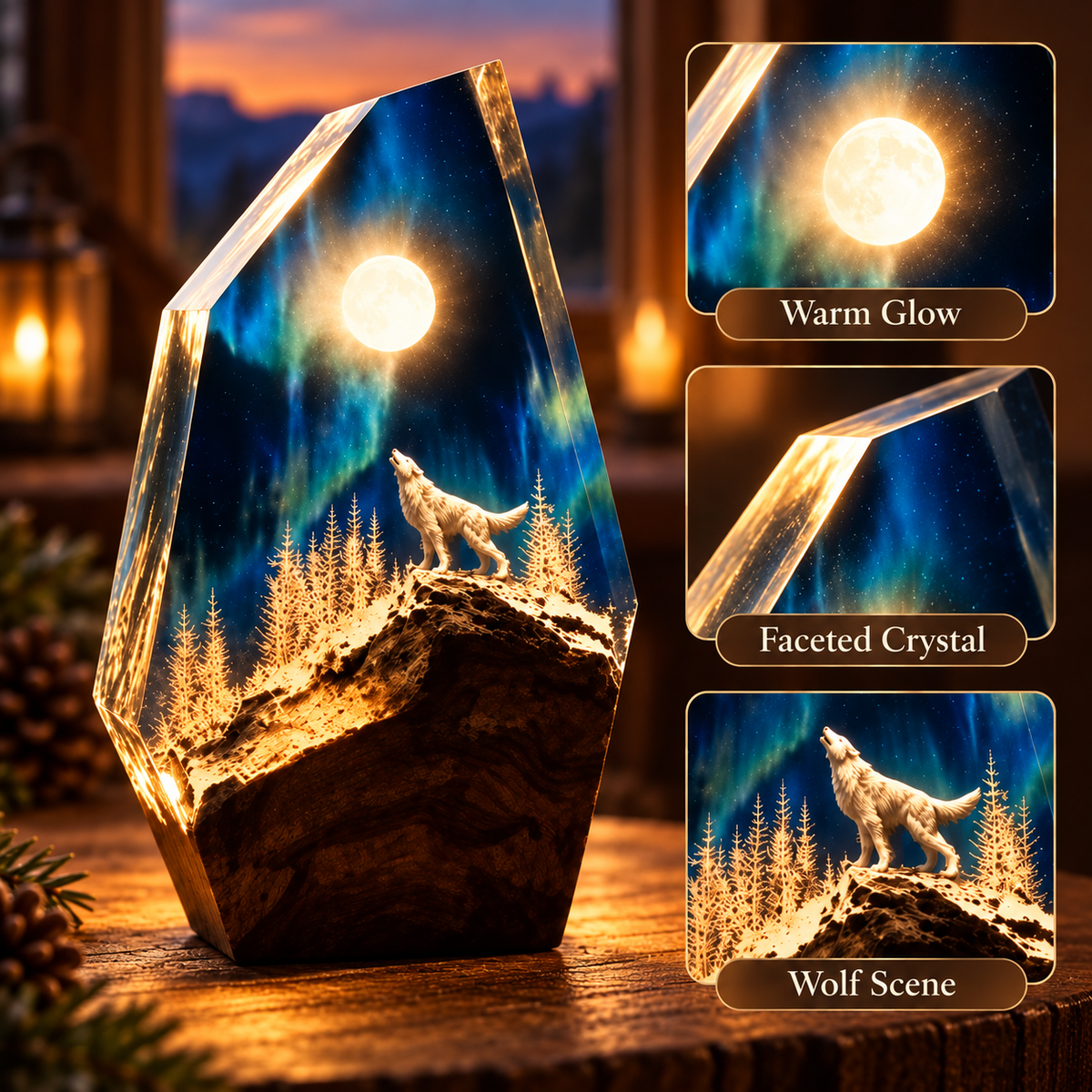 🌌 Handcrafted Resin Wood Table Lamp Night Light with Glowing Aurora Wolf Art