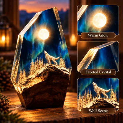 🌌 Handcrafted Resin Wood Table Lamp Night Light with Glowing Aurora Wolf Art