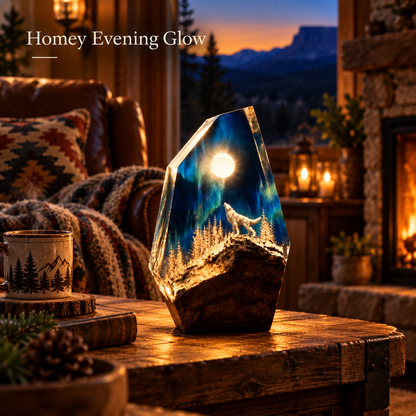 🌌 Handcrafted Resin Wood Table Lamp Night Light with Glowing Aurora Wolf Art