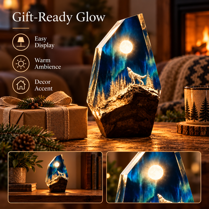 🌌 Handcrafted Resin Wood Table Lamp Night Light with Glowing Aurora Wolf Art