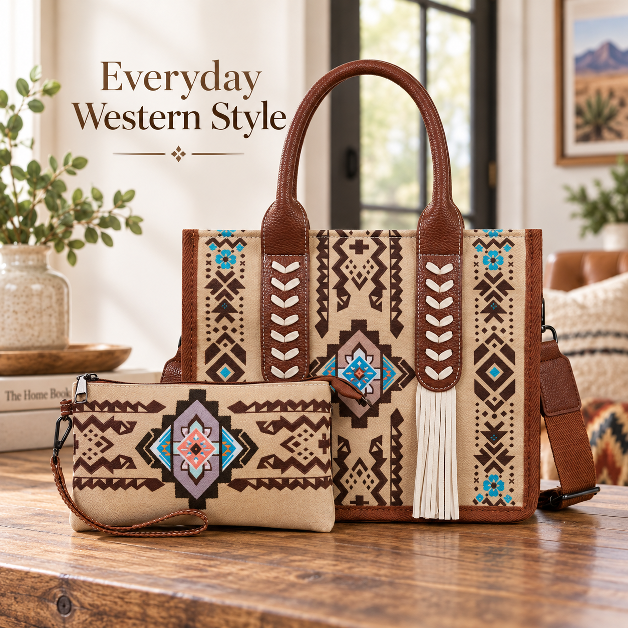 👜 Handcrafted Southwestern Leather Tote Bag with Geometric Pattern and Fringe Accent