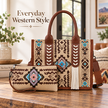 👜 Handcrafted Southwestern Leather Tote Bag with Geometric Pattern and Fringe Accent