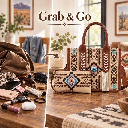 👜 Handcrafted Southwestern Leather Tote Bag with Geometric Pattern and Fringe Accent