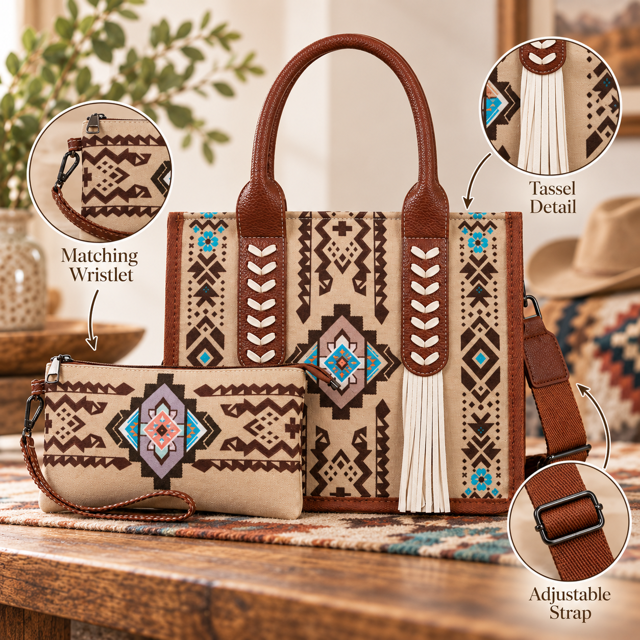👜 Handcrafted Southwestern Leather Tote Bag with Geometric Pattern and Fringe Accent
