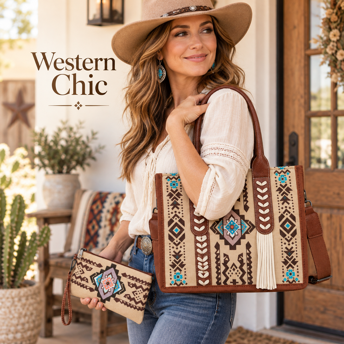 👜 Handcrafted Southwestern Leather Tote Bag with Geometric Pattern and Fringe Accent