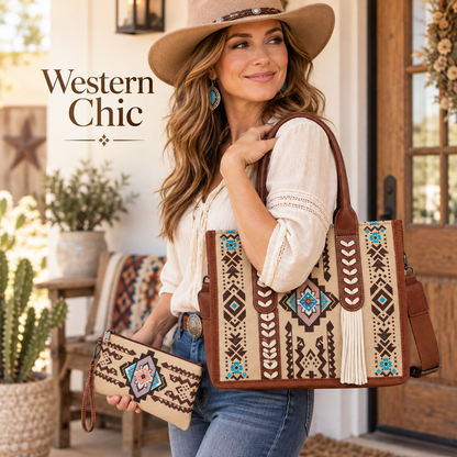 👜 Handcrafted Southwestern Leather Tote Bag with Geometric Pattern and Fringe Accent