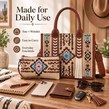 👜 Handcrafted Southwestern Leather Tote Bag with Geometric Pattern and Fringe Accent