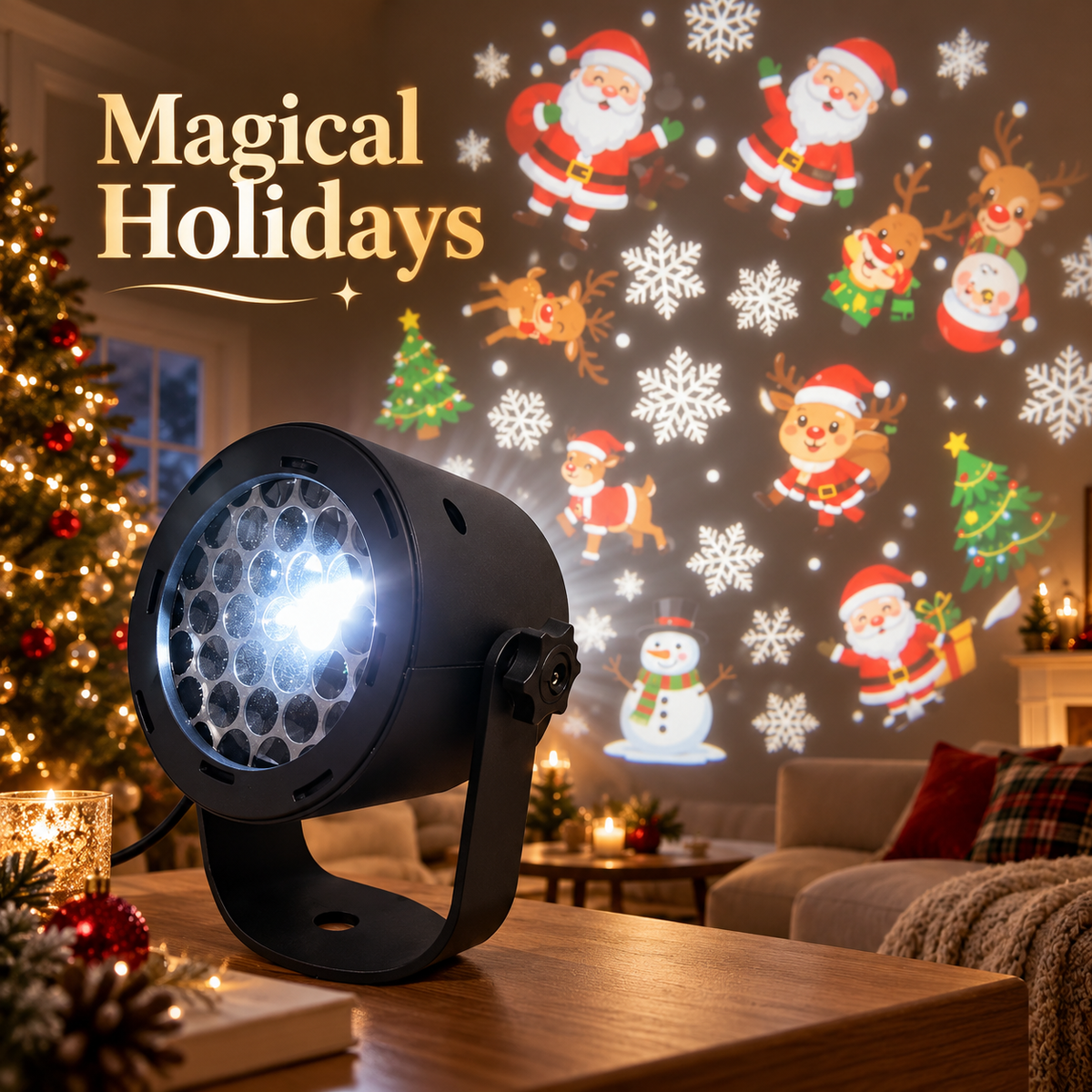 🎄 Christmas Projector Light with Santa, Snowman, Reindeer & Snowflake Patterns