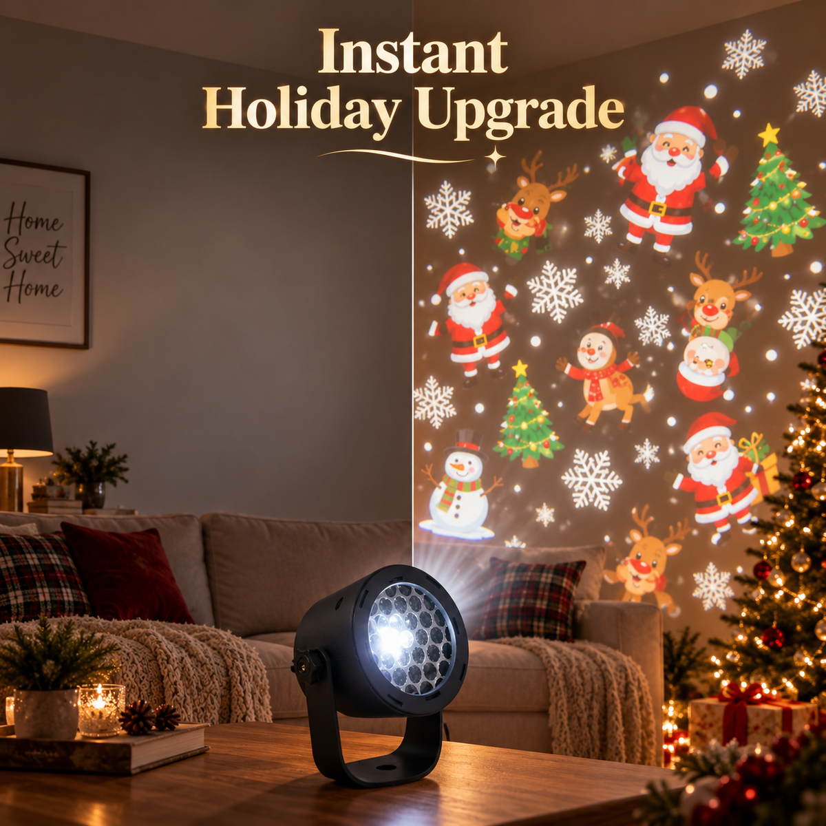 🎄 Christmas Projector Light with Santa, Snowman, Reindeer & Snowflake Patterns