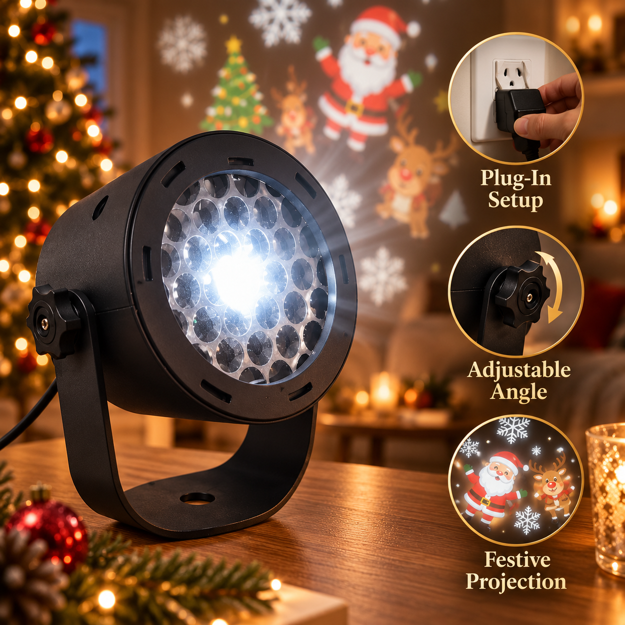 🎄 Christmas Projector Light with Santa, Snowman, Reindeer & Snowflake Patterns