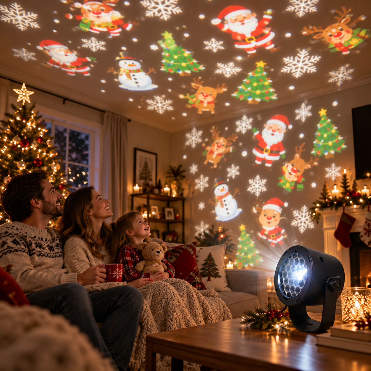 🎄 Christmas Projector Light with Santa, Snowman, Reindeer & Snowflake Patterns