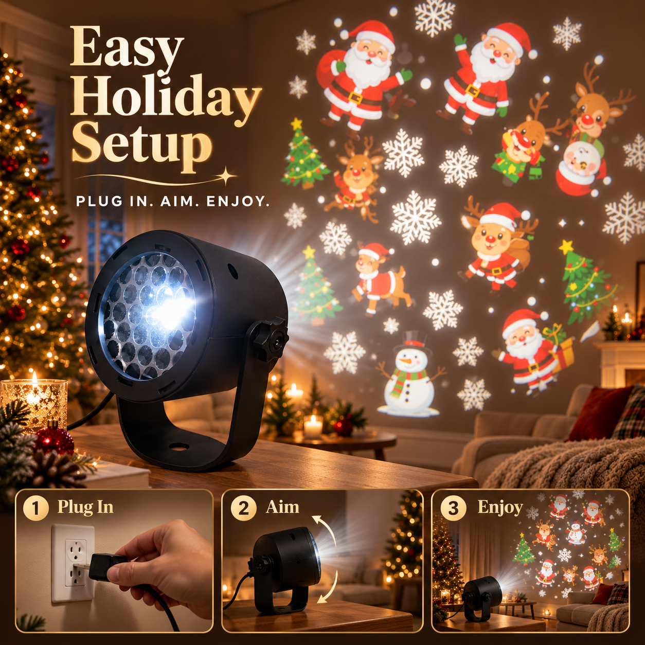 🎄 Christmas Projector Light with Santa, Snowman, Reindeer & Snowflake Patterns
