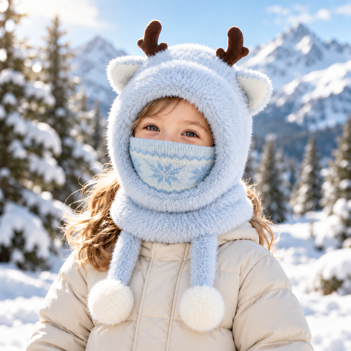 Cute Antler Kids Thermal Hooded Scarf & Face Mask Set 🦌