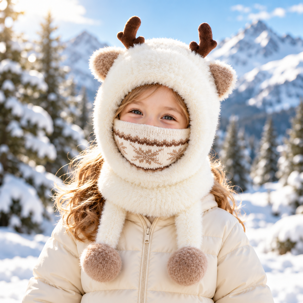 Cute Antler Kids Thermal Hooded Scarf & Face Mask Set 🦌