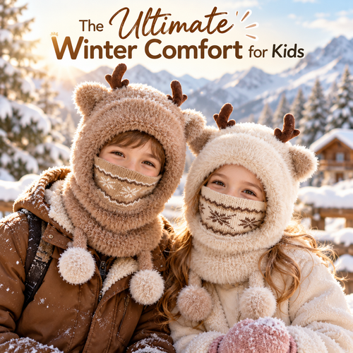 Cute Antler Kids Thermal Hooded Scarf & Face Mask Set 🦌