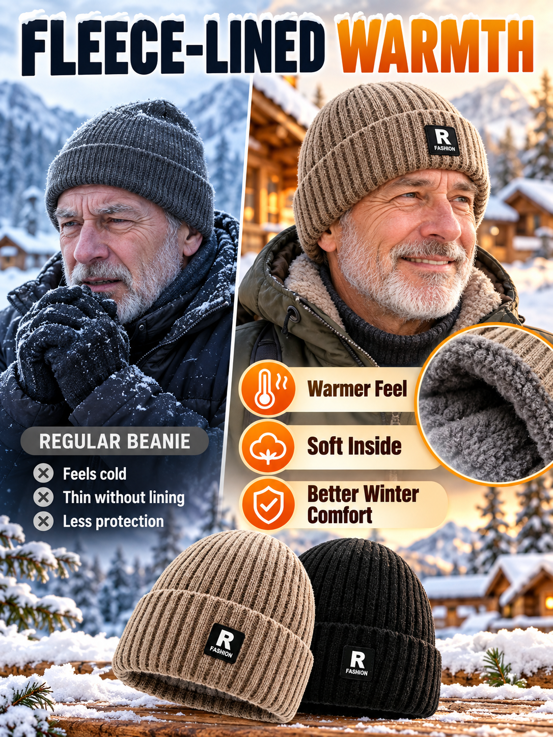 ❄️ Winter Style Deal – Men’s Thermal Knit Beanie 🧢 Thick Fleece-Lined Cuffed Hat for Cycling, Skiing & Outdoor Wear ✨