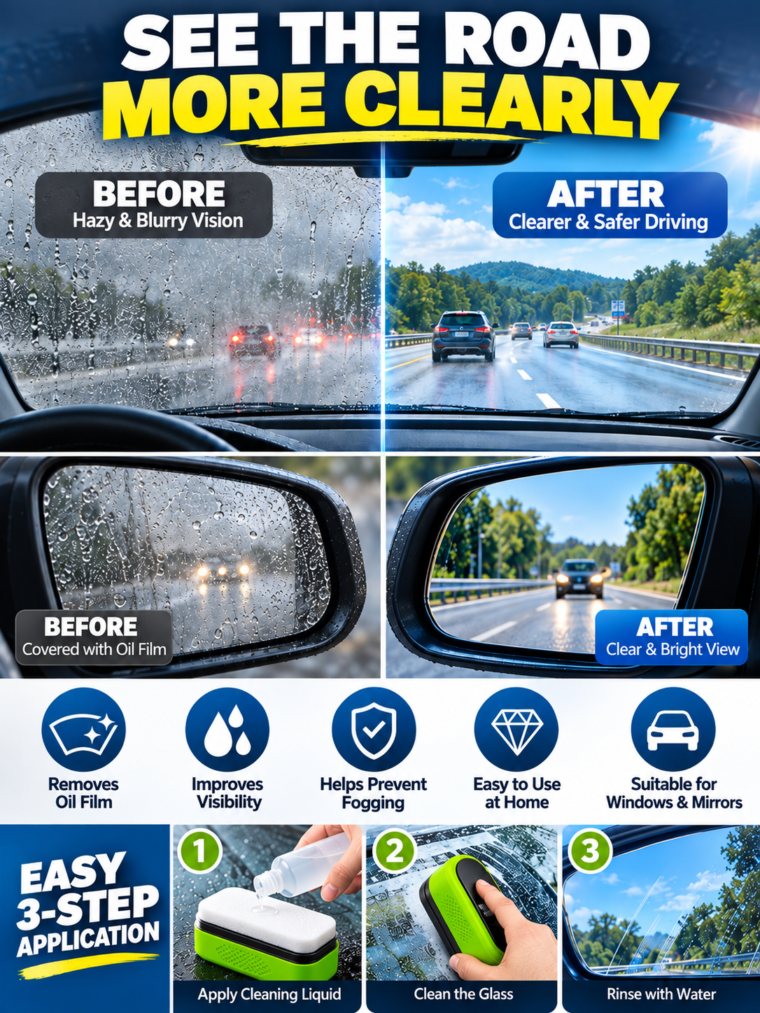 🚗 Car Care Deal – Windshield Glass Cleaning Pad ✨ Oil-Film Removing Brush for Clearer, Rain-Resistant Auto Glass 💧