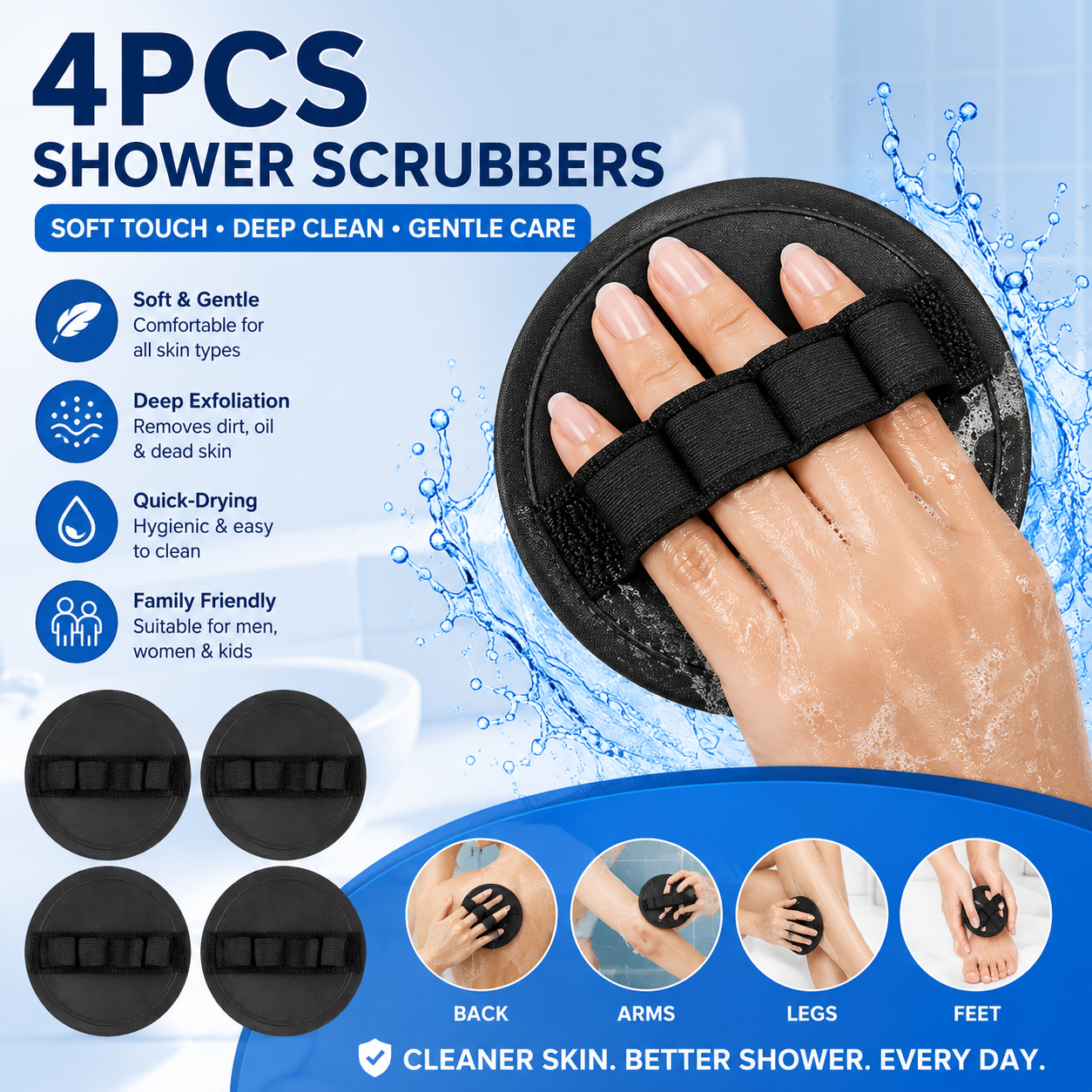 Soft Silicone Shower Scrubber – Gentle Exfoliating Body Brush (4-Pack)