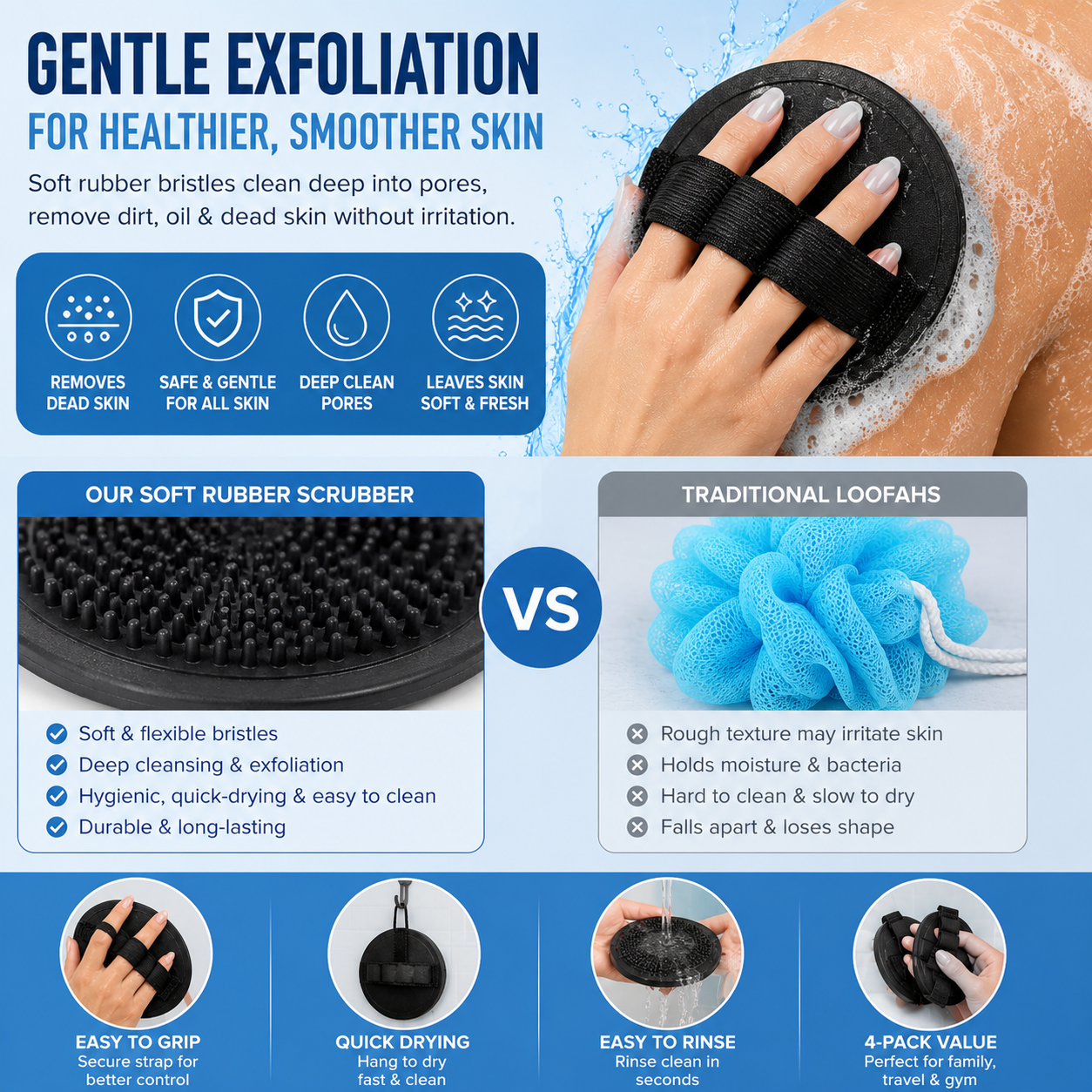 Soft Silicone Shower Scrubber – Gentle Exfoliating Body Brush (4-Pack)