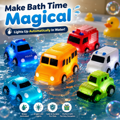 🚗 6PCS Water-Activated Light-Up Bath Toy Cars – Traffic & Construction Vehicles for Kids