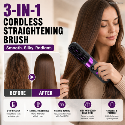 💇‍♀️ 3-in-1 Cordless Hair Straightening Brush – Straighten, Curl & Detangle Anywhere